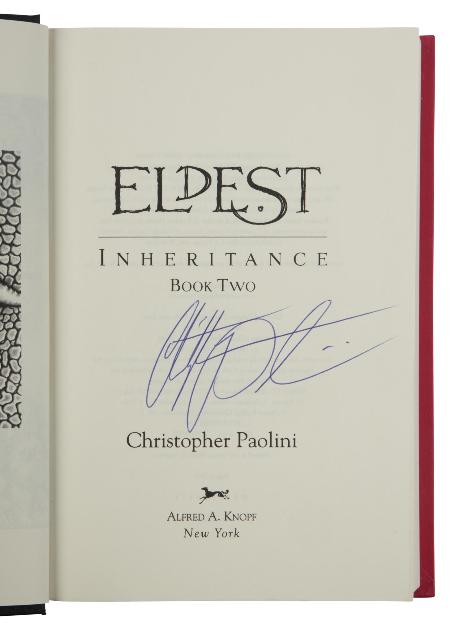 PAOLINI, Christopher (b. 1983). [The Inheritance Cycle]. Eragon . 2003. -- Eldest . 2005. -- Brisingr . 2008. -- Inheritance . 2011. All published in New York by Alfred A. Knopf.