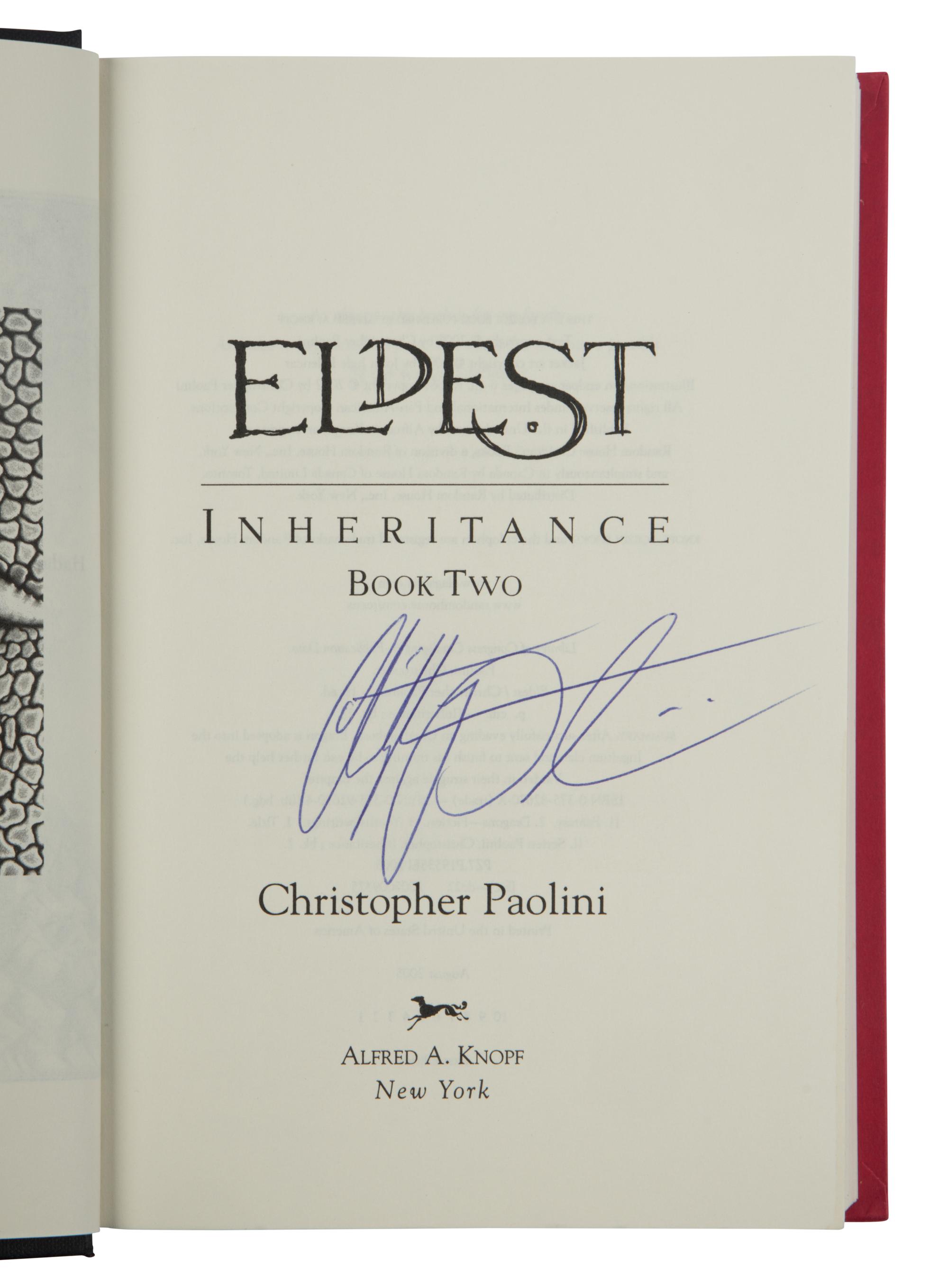 PAOLINI, Christopher (b. 1983). [The Inheritance Cycle]. Eragon . 2003. -- Eldest . 2005. -- Brisingr . 2008. -- Inheritance . 2011. All published in New York by Alfred A. Knopf.