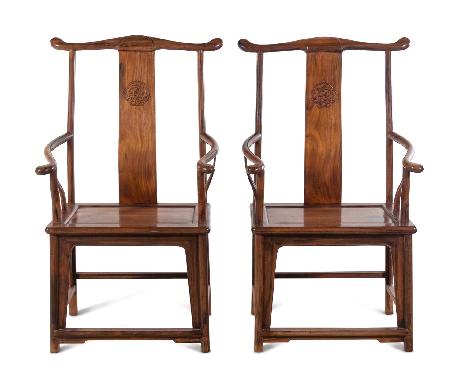 A Pair of Chinese Huali Wood Official's Hat Chairs, Sichutouguanmaoyi