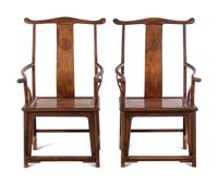 A Pair of Chinese Huali Wood Official's Hat Chairs, Sichutouguanmaoyi