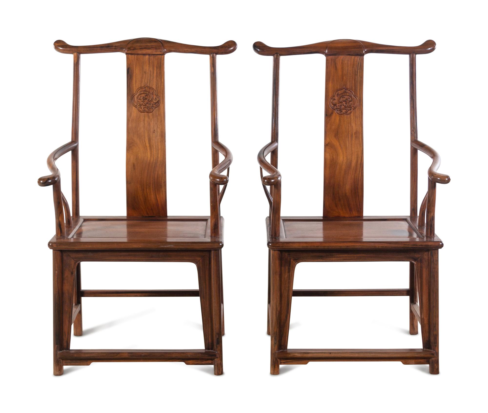 A Pair of Chinese Huali Wood Official's Hat Chairs, Sichutouguanmaoyi