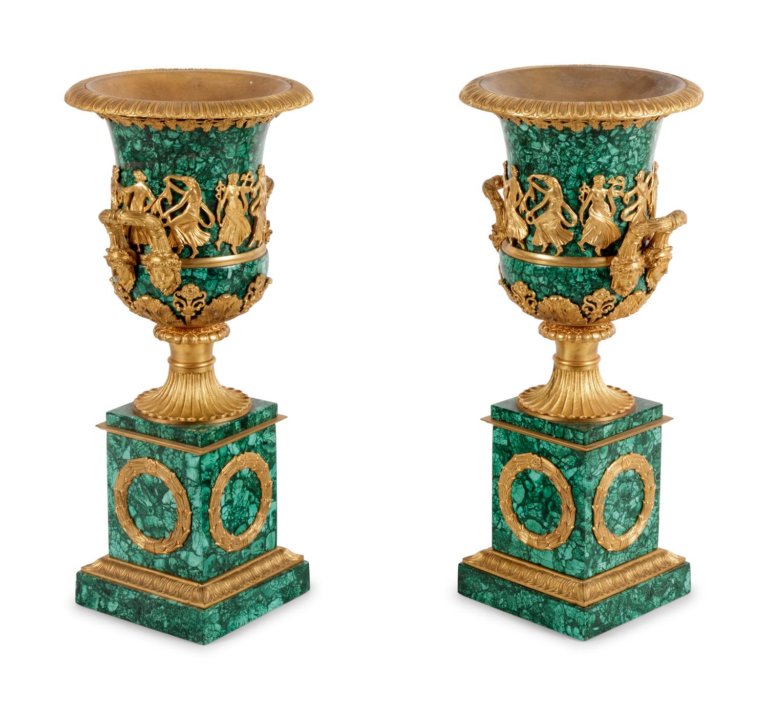 A Pair of Empire Style Gilt Bronze Mounted Malachite Veneered Urns