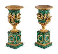 A Pair of Empire Style Gilt Bronze Mounted Malachite Veneered Urns