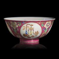 A Chinese Famille-Rose Ruby-Ground Sgraffito 'Medallion' Bowl, Daoguang Mark and of the Period — 清道光 內青花外粉彩軋道胭脂紅地開光五穀豐登博古紋碗
