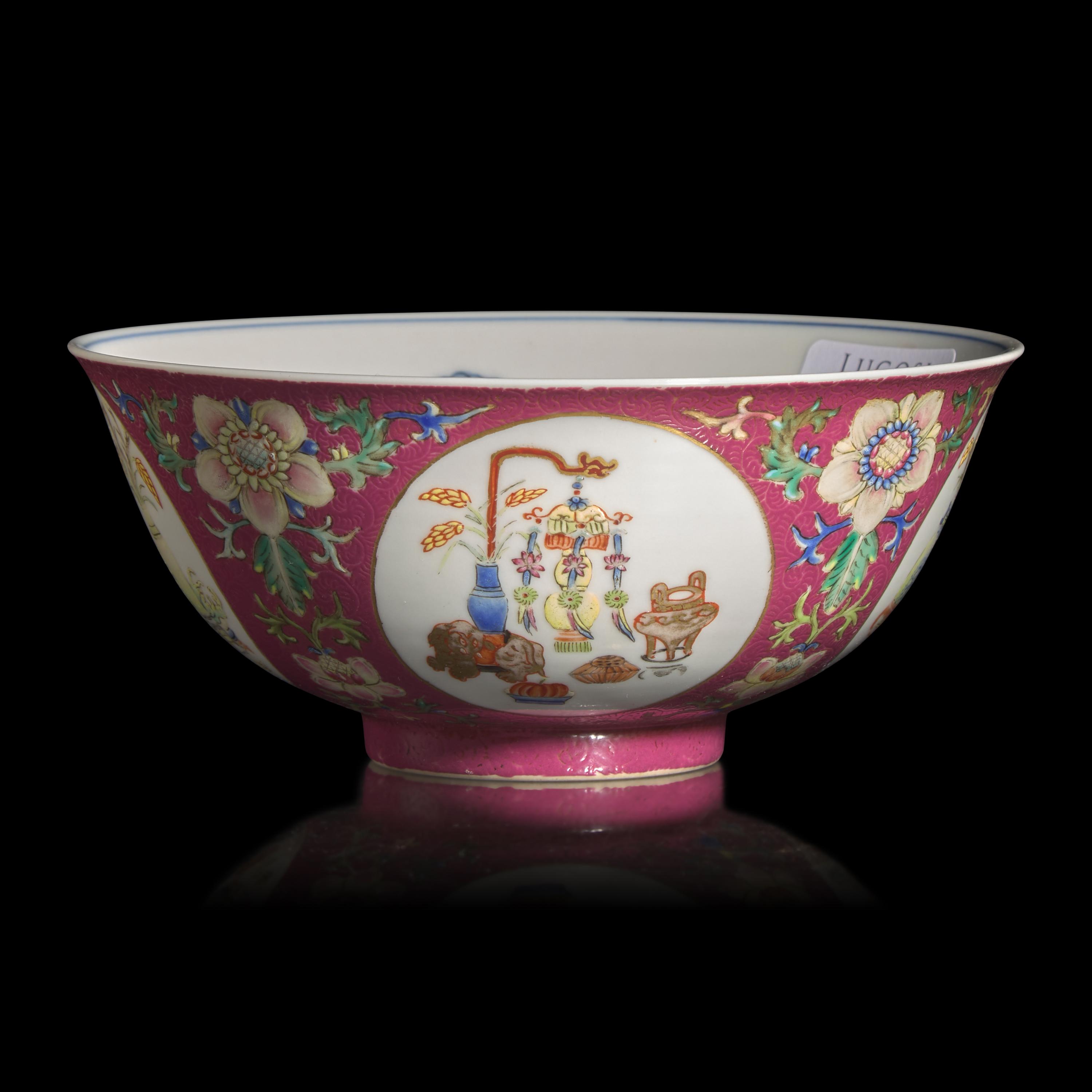A Chinese Famille-Rose Ruby-Ground Sgraffito 'Medallion' Bowl, Daoguang Mark and of the Period