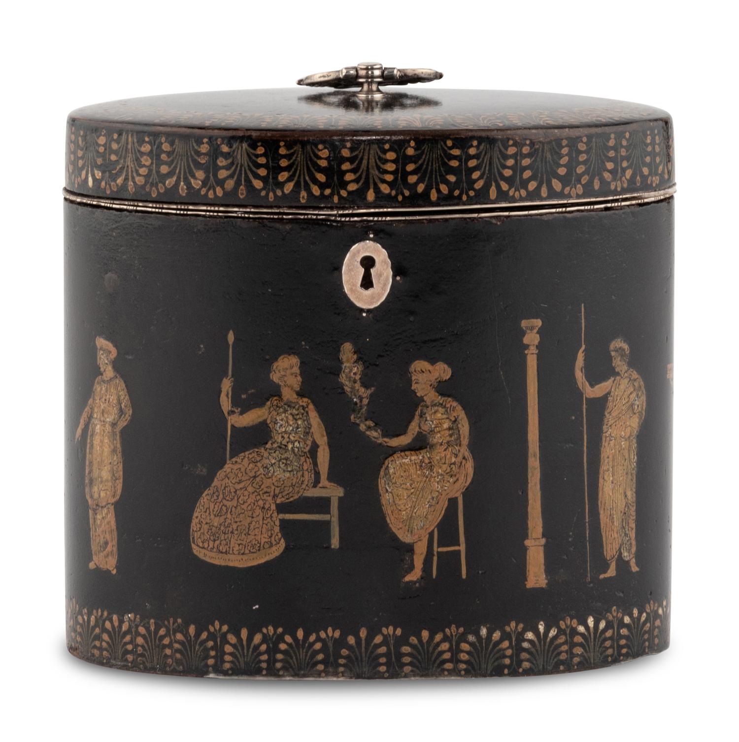 An English Ebonized and Pen-Work Decorated Tea Caddy