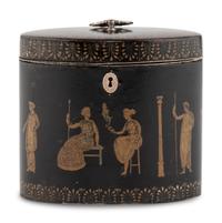 An English Ebonized and Pen-Work Decorated Tea Caddy