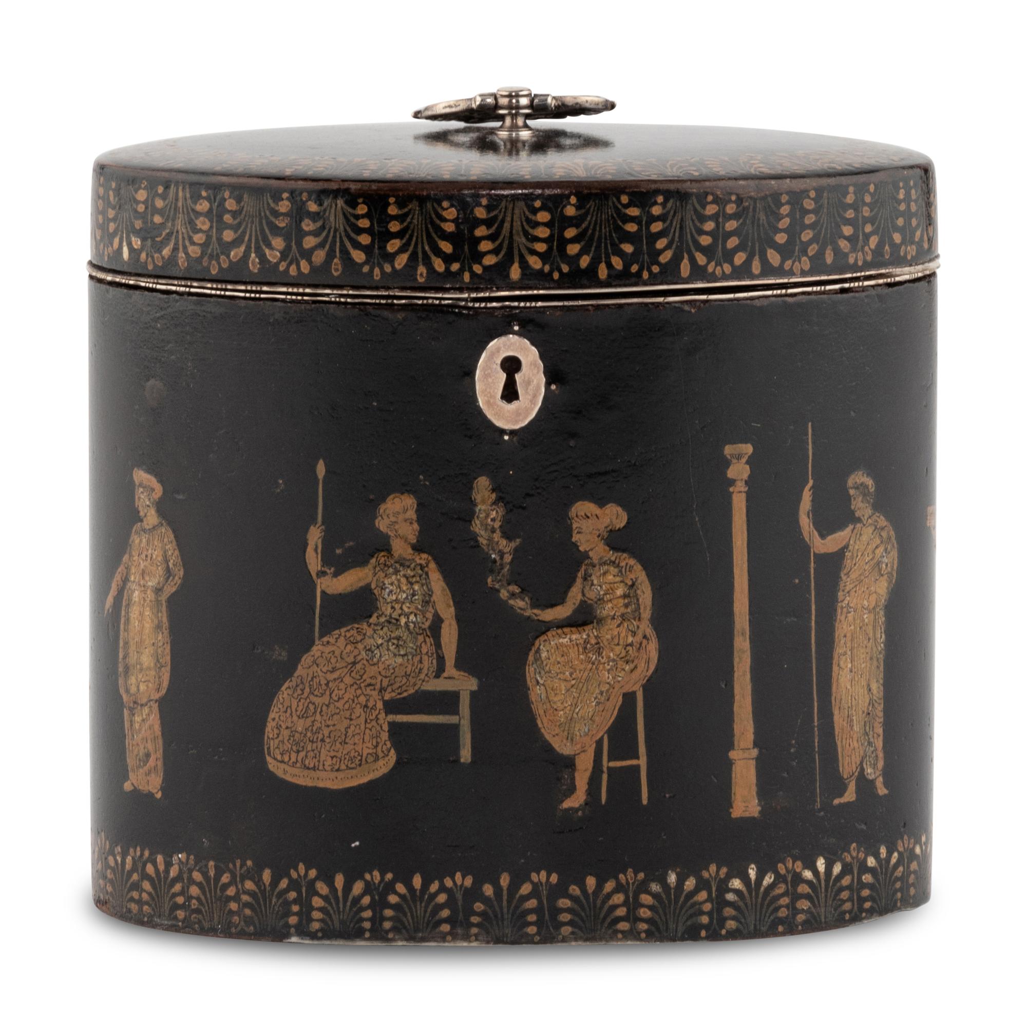 An English Ebonized and Pen-Work Decorated Tea Caddy