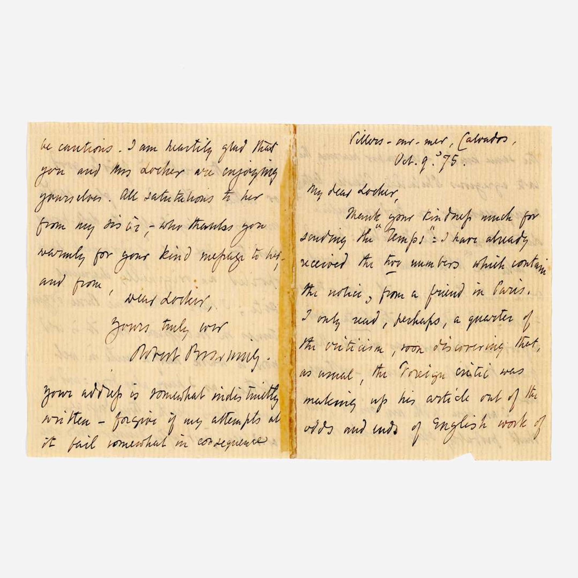 [Autographs & Manuscripts] Browning, Robert, and Rudyard Kipling Group of 2 Autograph Letters, signed