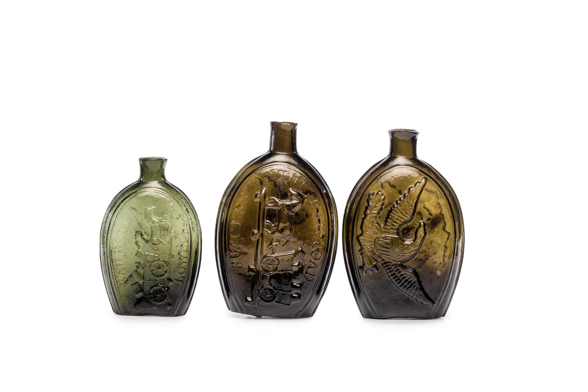 Three Mold-Blown Glass Flasks in Olive