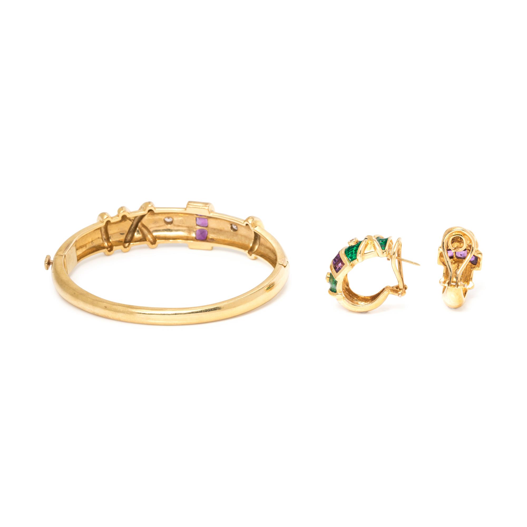 YELLOW GOLD, AMETHYST, DIAMOND AND ENAMEL SET