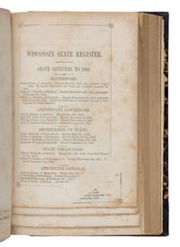 [Hunt, John Warren (1826-1859)]. The Wisconsin Almanac and Annual Register, 1856 . [Milwaukee: Rufus King & Co., 1855].