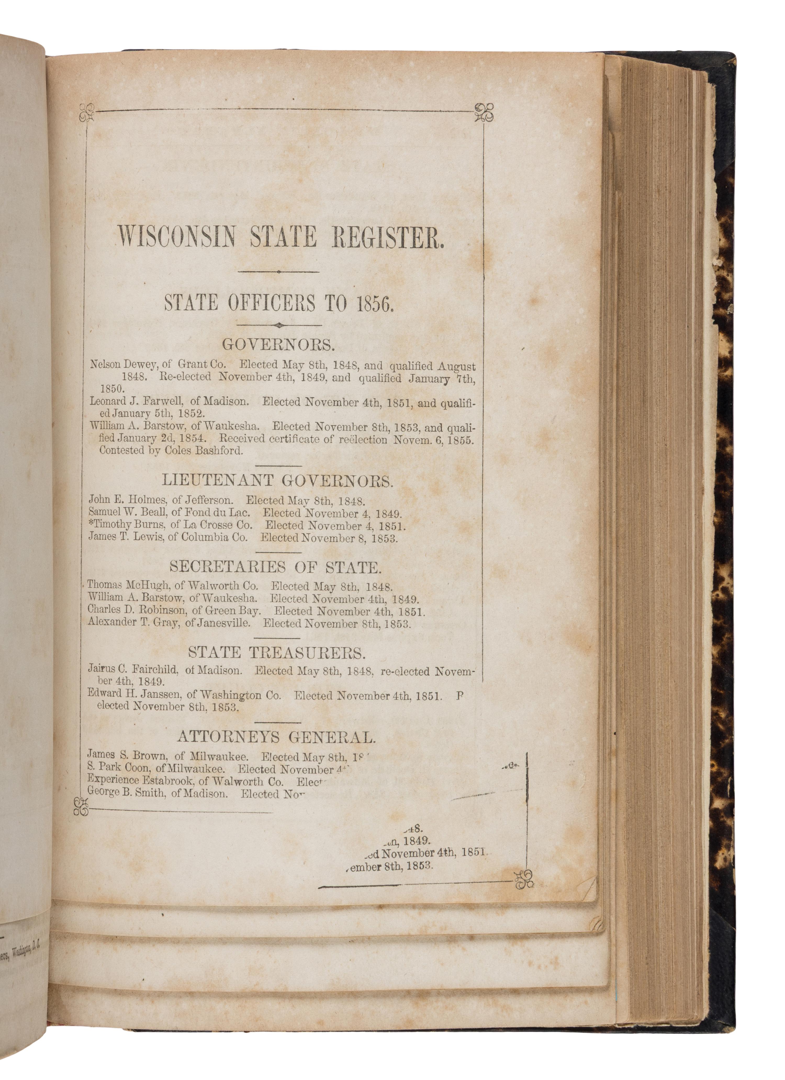 [Hunt, John Warren (1826-1859)]. The Wisconsin Almanac and Annual Register, 1856 . [Milwaukee: Rufus King & Co., 1855].