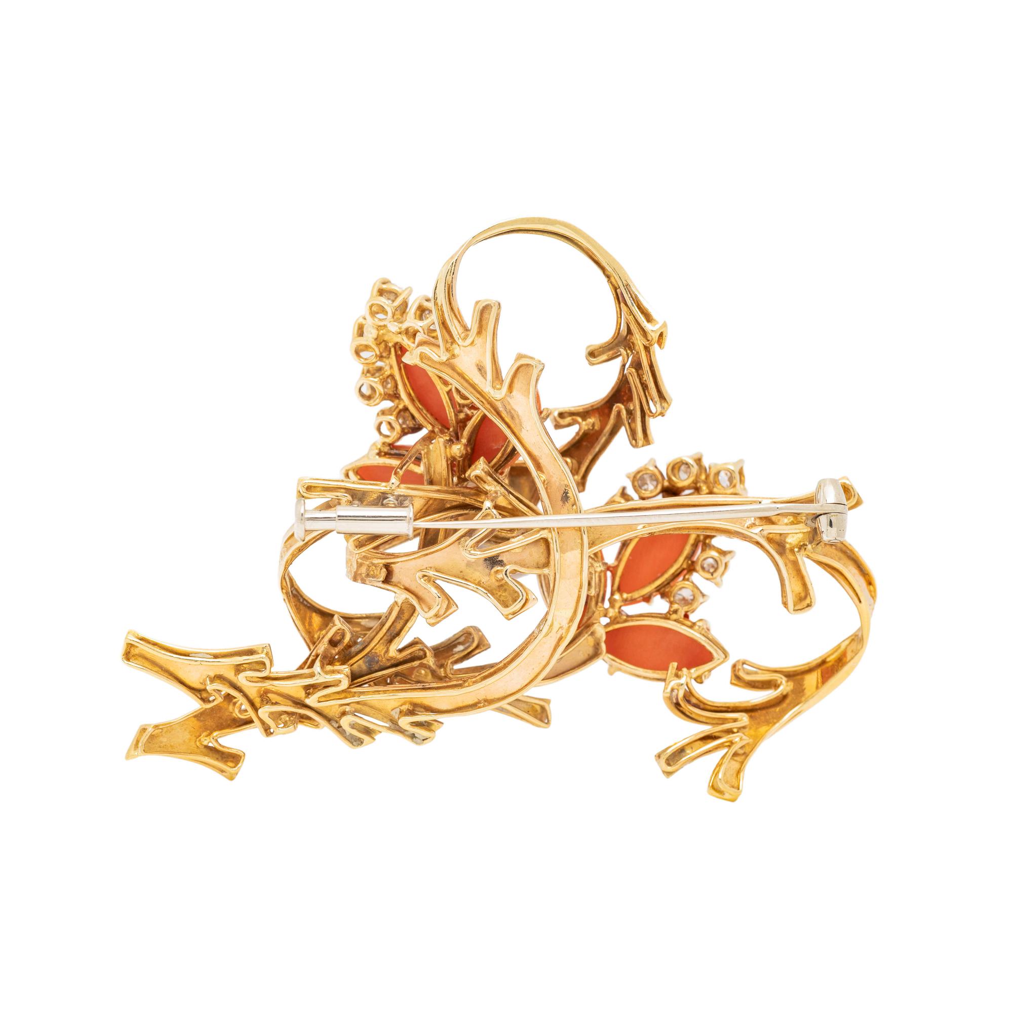 CORAL AND DIAMOND BROOCH