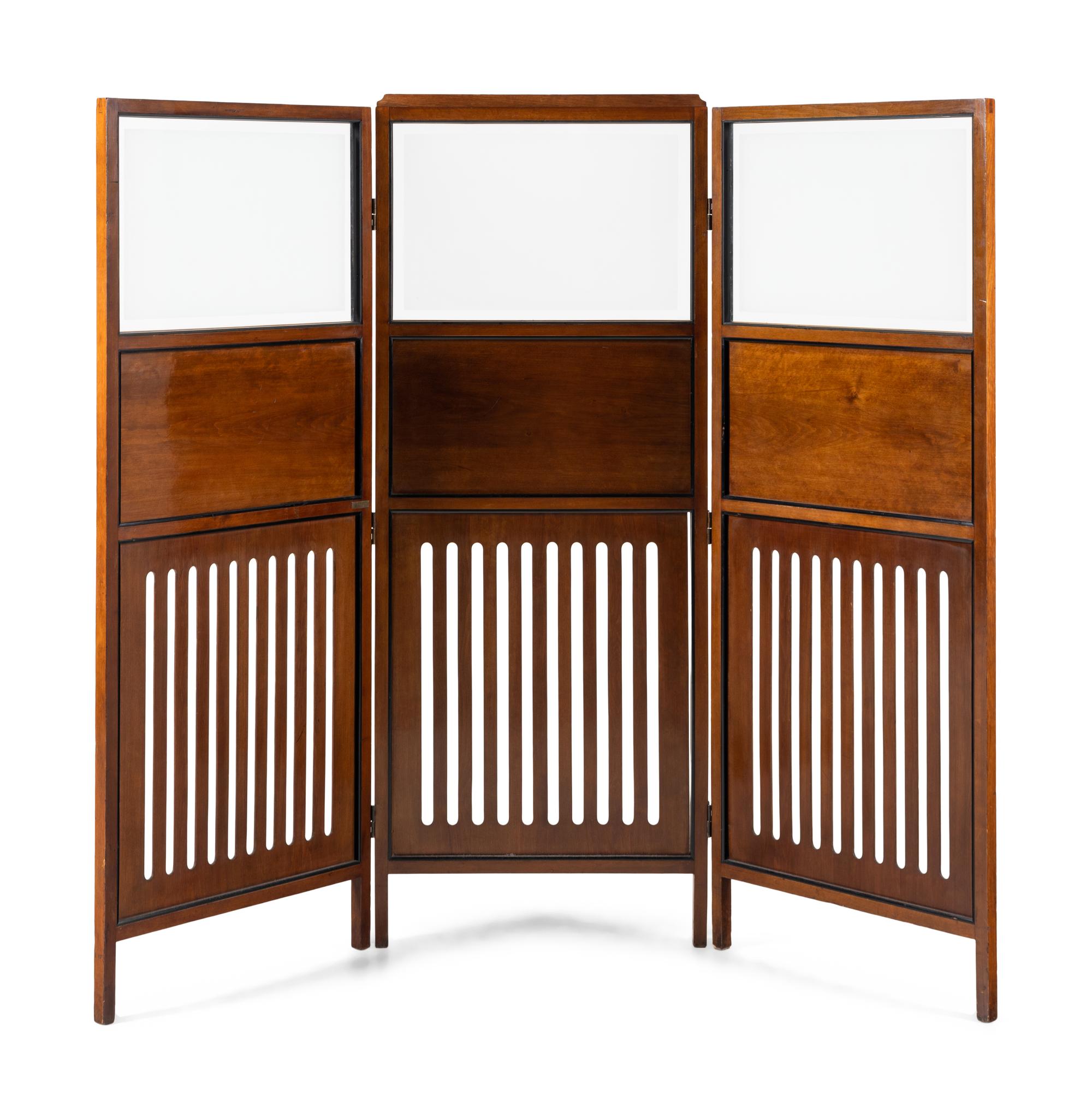 A Vienna Secession Mahogany and Frosted Glass Three-Panel Floor Screen