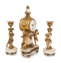 A French Gilt Bronze Mounted Marble Clock Garniture