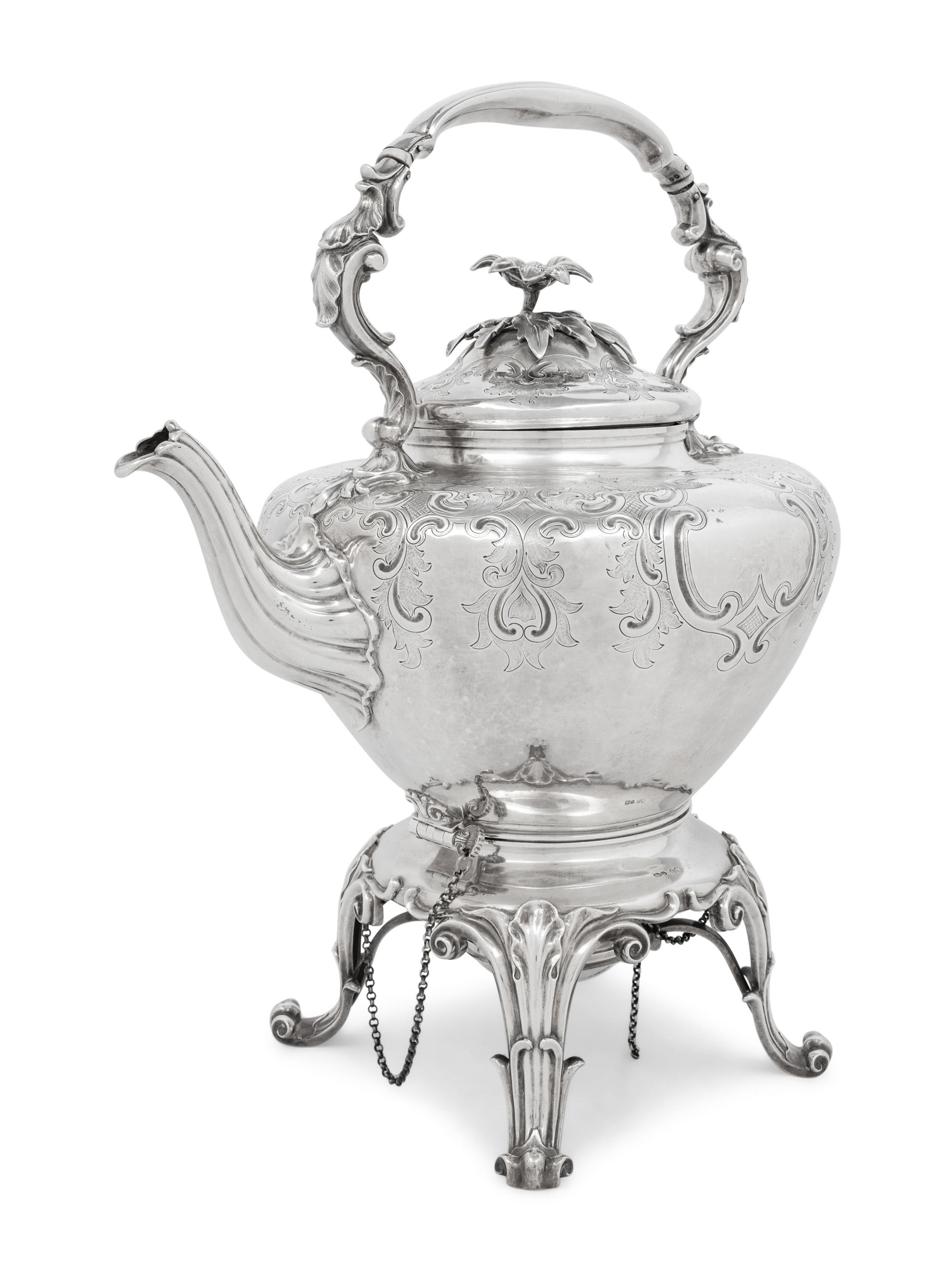 A Victorian Silver Hot Water Kettle on Stand