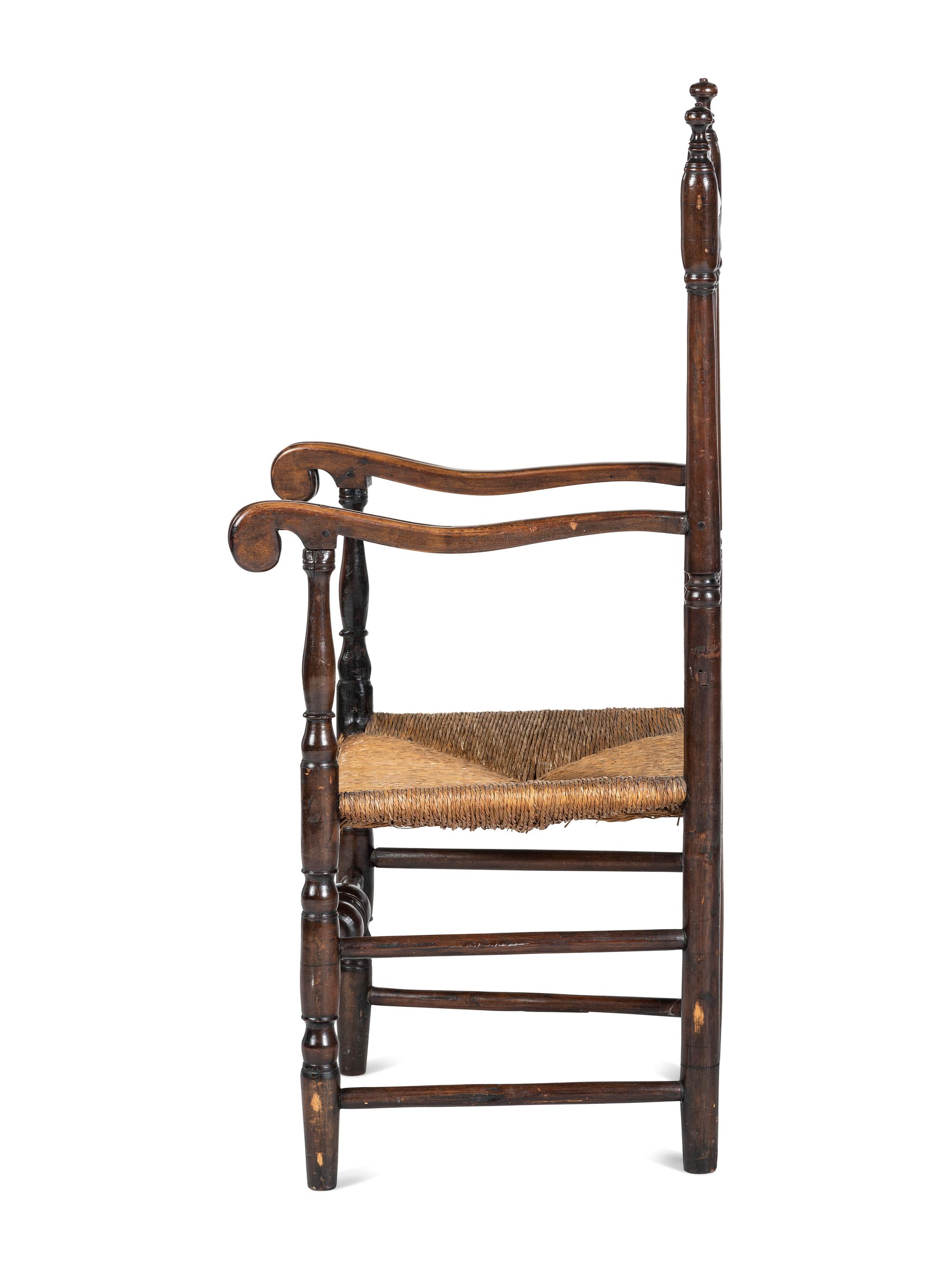 A William and Mary Painted Bannister Back Rush-Seat Armchair