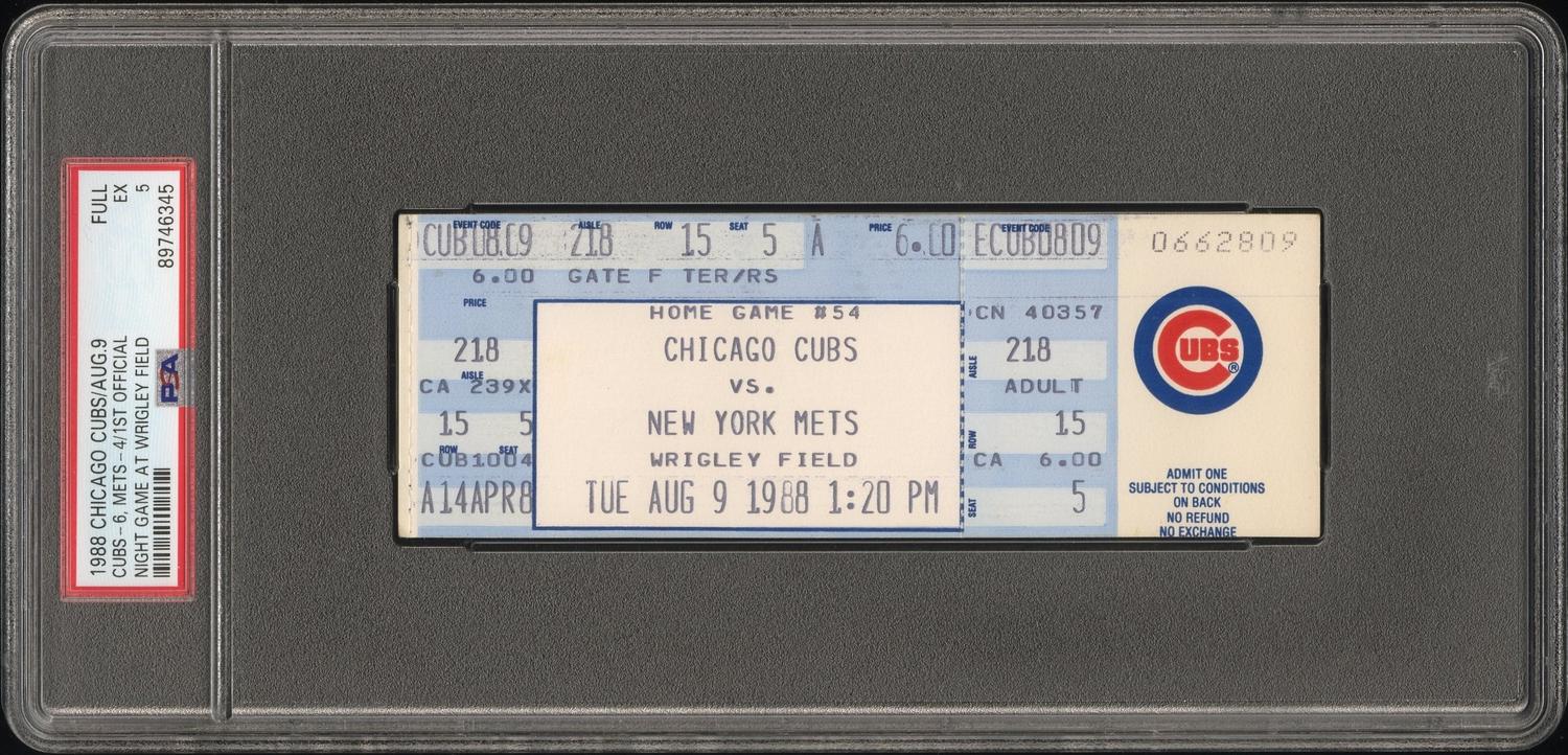 An August 9, 1988 Chicago Cubs Wrigley Field First Official Night Game Full Ticket (PSA 5 EX)