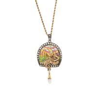 YELLOW GOLD, DIAMOND, CULTURED PEARL, AND PLIQUE- À-JOUR ENAMEL PENDANT NECKLACE
