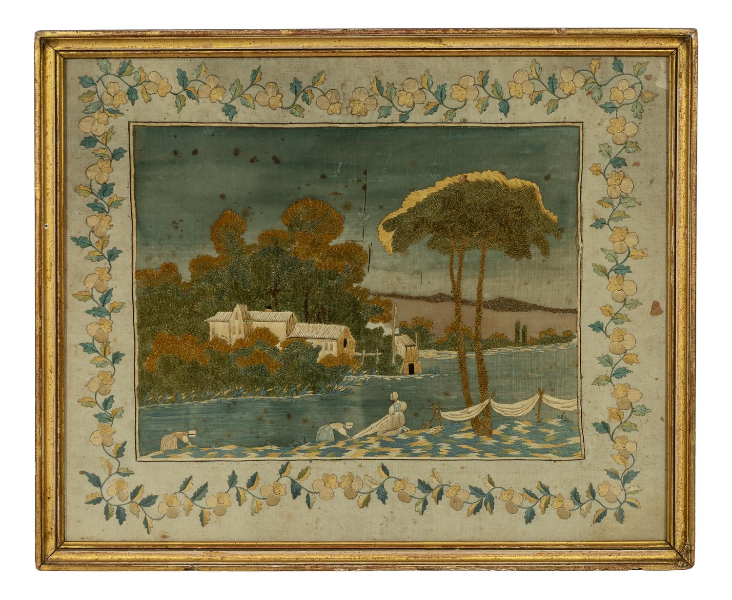 Four Continental Silk Needlework Pictures in Giltwood Frames