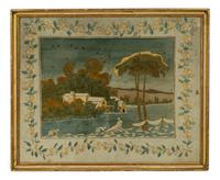 Four Continental Silk Needlework Pictures in Giltwood Frames