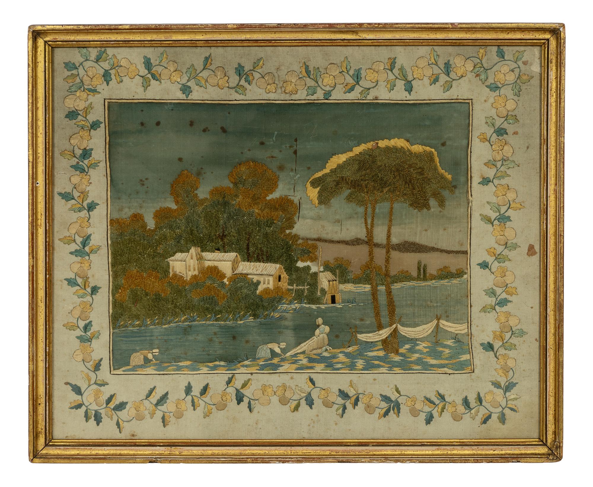 Four Continental Silk Needlework Pictures in Giltwood Frames