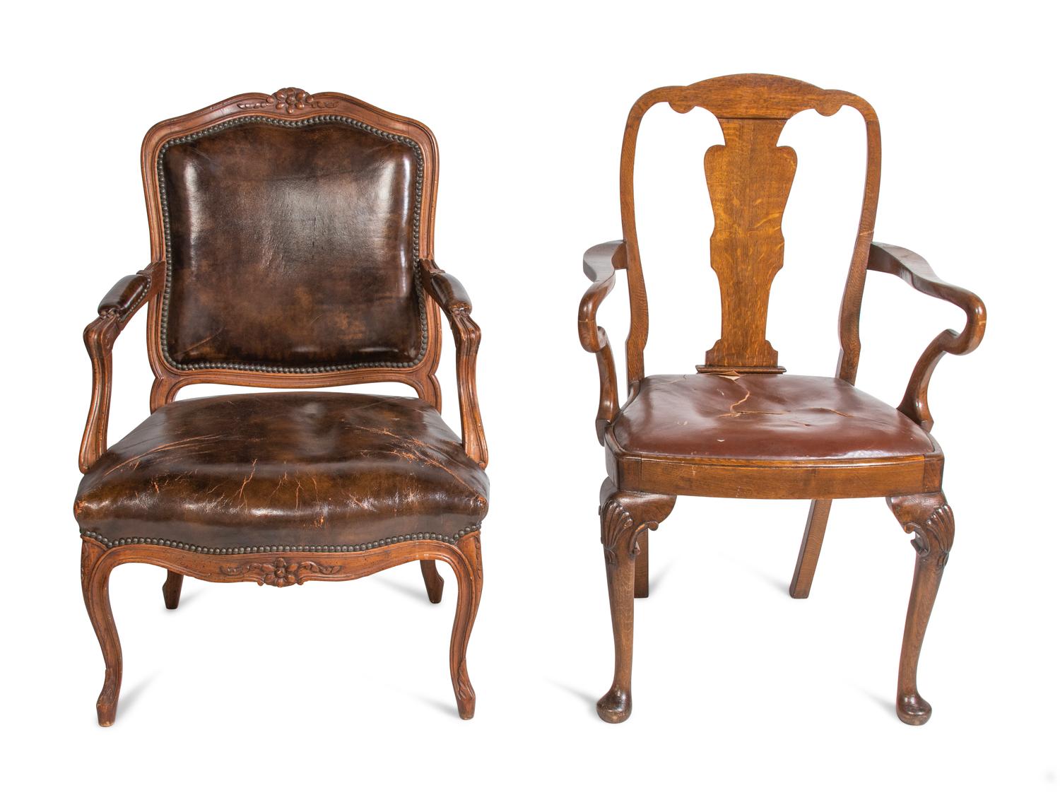 A Louis XV Style Fauteuil and a Queen Anne Style Armchair