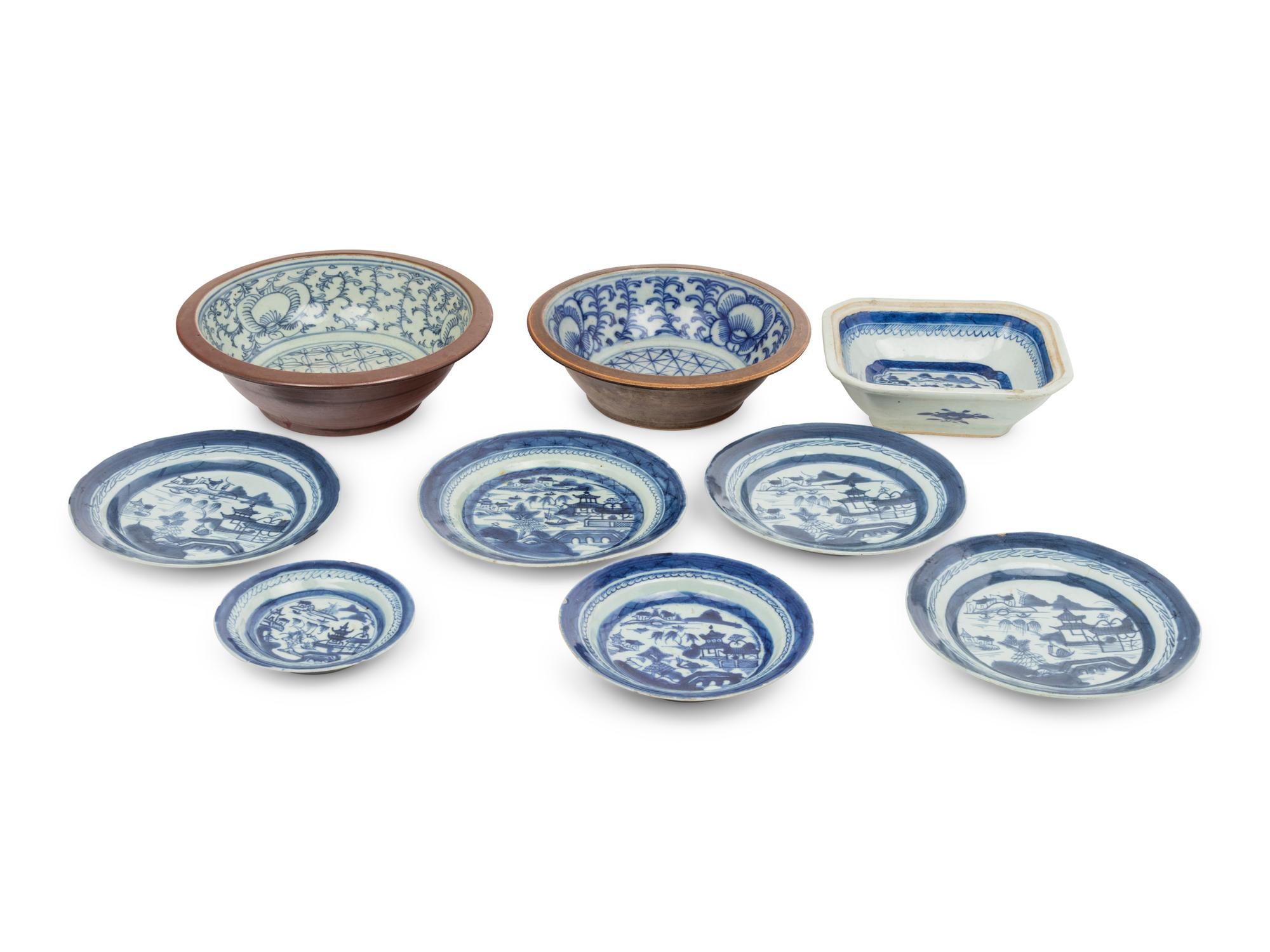 Nine Chinese Export Blue and White Porcelain Bowls and Plates