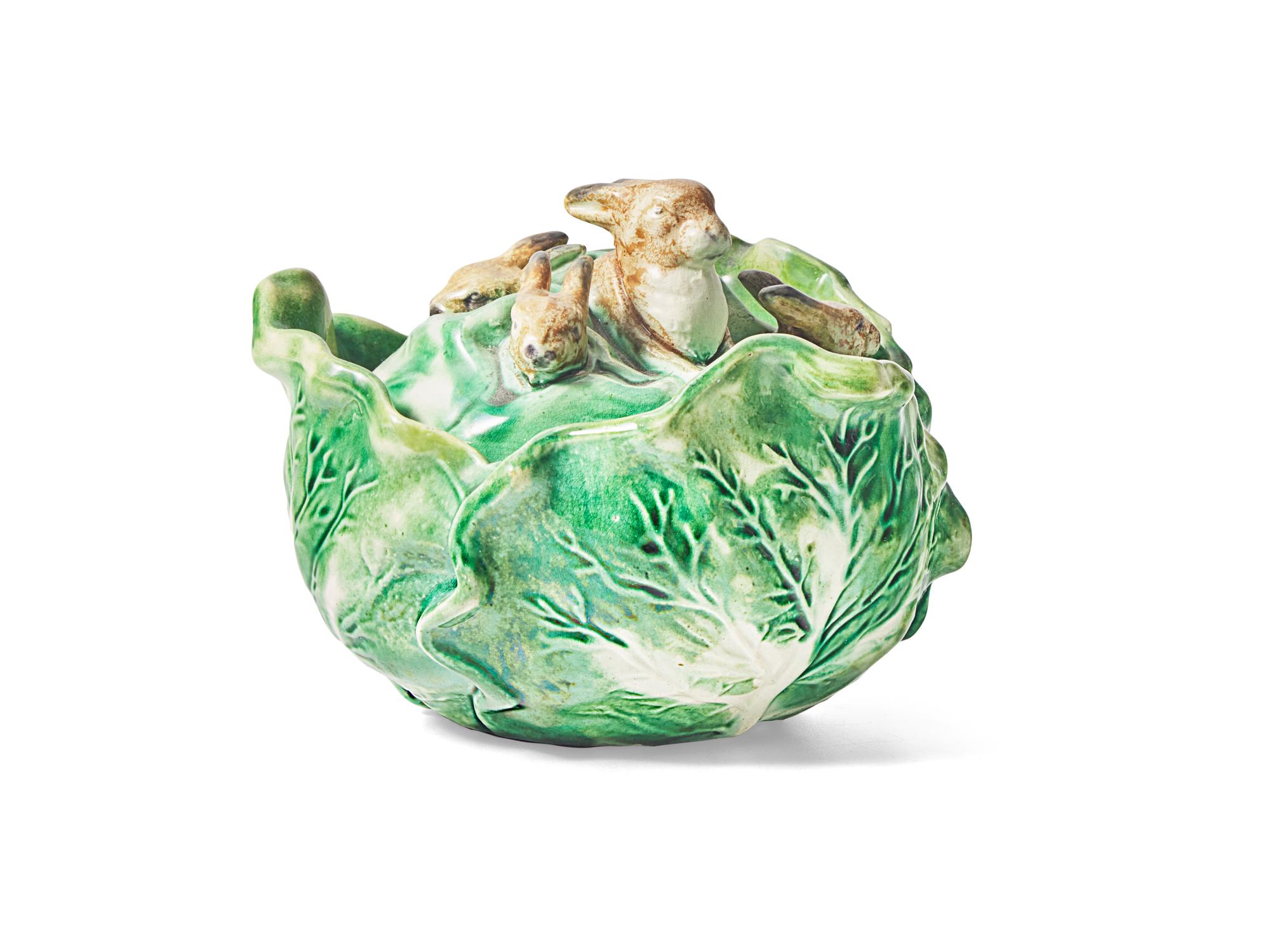 An English Majolica Rabbit and Cabbage-Form Butter Dish
