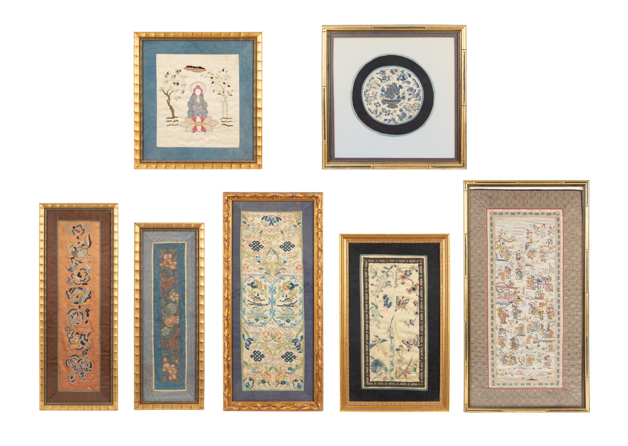 Fifteen Embroidered Silk Panels 26 x 13 inches (largest). — QING DYNASTY (1644-1912)