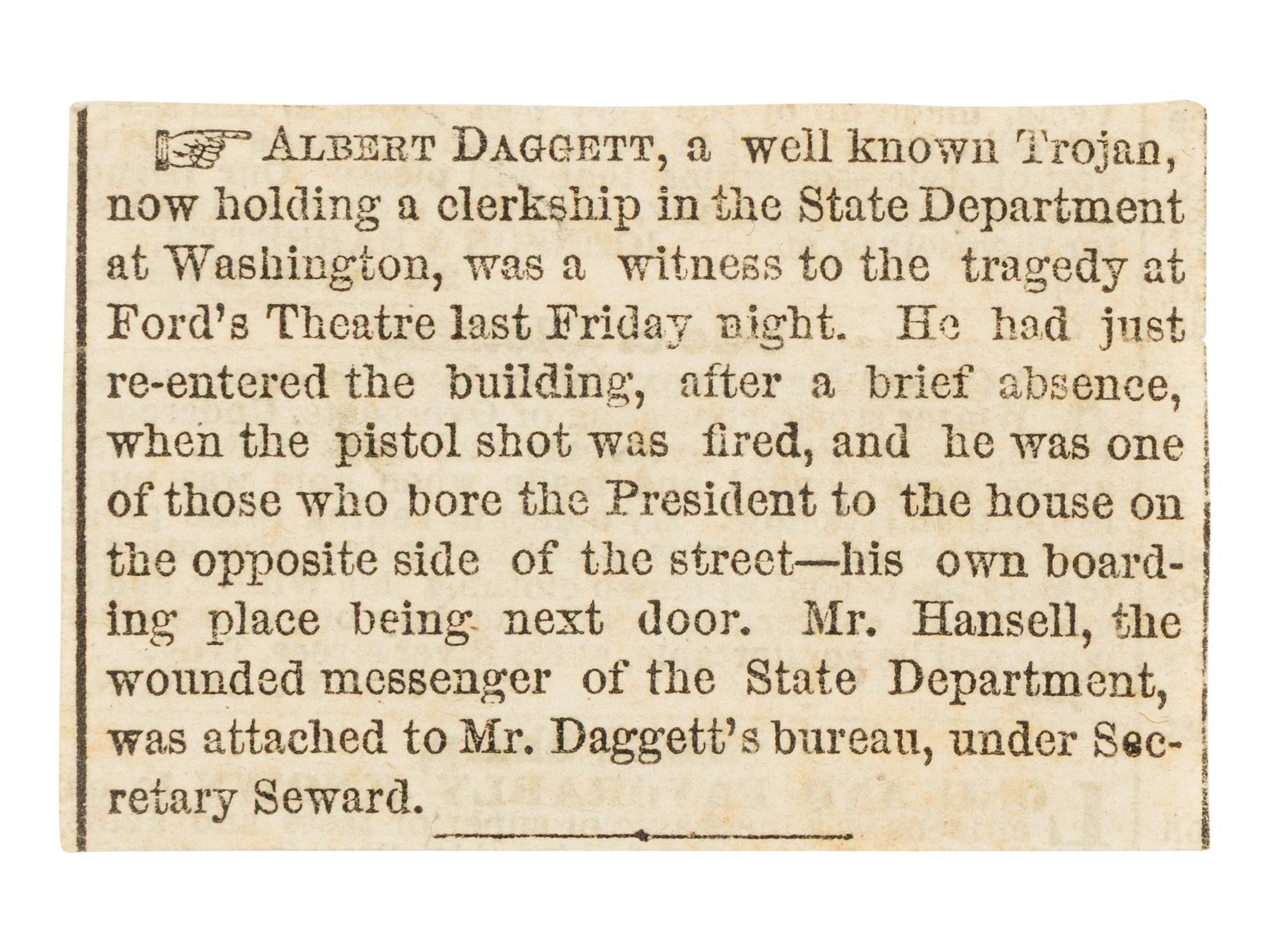 [LINCOLN ASSASSINATION]. DAGGETT, Albert J. (b. ca. 1846). Autograph letter, signed ("Dag") to Miss Julie Trumen. Washington, D.C., 10 AM, 15 April 1865.