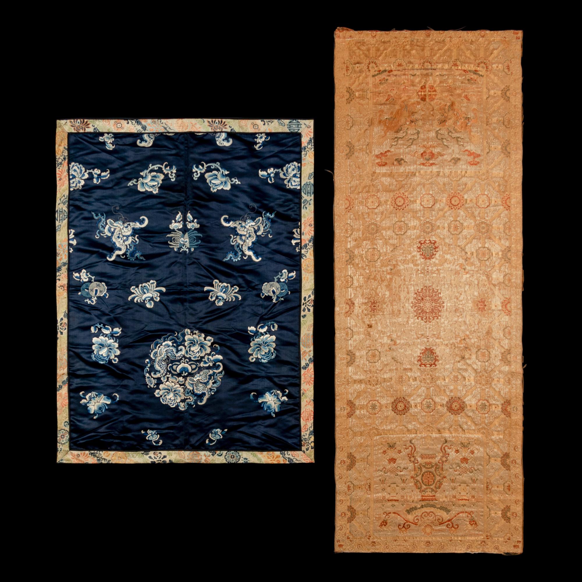 Two Chinese Silk Rectangular Panels, 19th Century 清晚期 織錦壽字紋椅披及石青緞牡丹紋綉片一幅