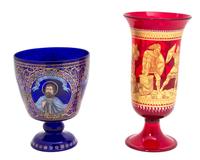 Two Continental Painted and Parcel Gilt Colored Glass Footed Vases Height of taller 9 inches.
