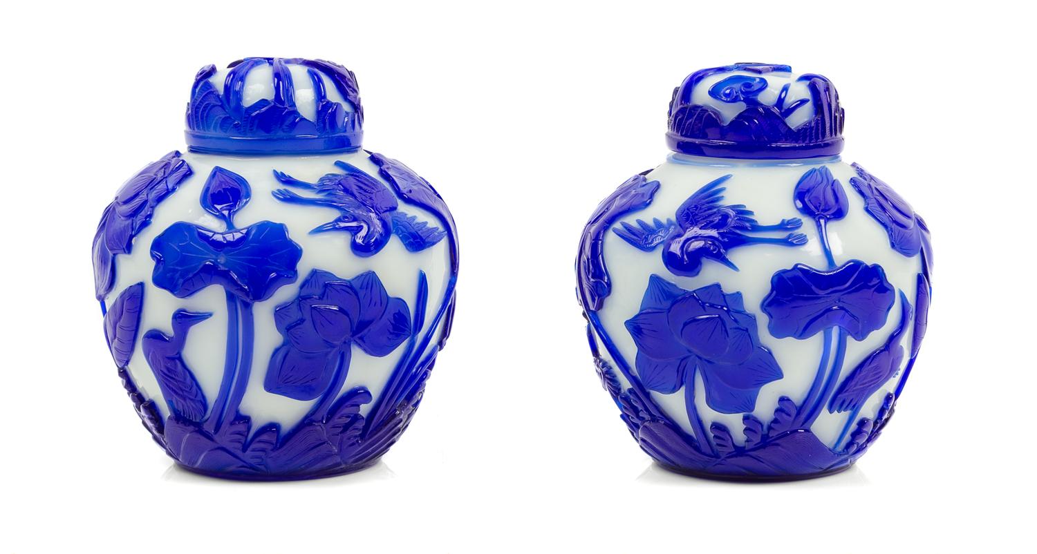 A Pair of Chinese Sapphire-Blue Overlay White Peking Glass Ginger Jars and Covers
