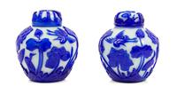 A Pair of Chinese Sapphire-Blue Overlay White Peking Glass Ginger Jars and Covers