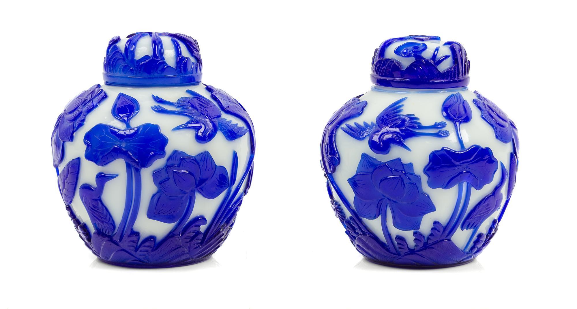 A Pair of Chinese Sapphire-Blue Overlay White Peking Glass Ginger Jars and Covers