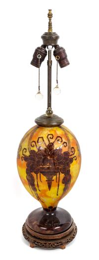 Schneider Glassworks, FRANCE, 1918-1932, a Le Verre Francais cameo glass vase, of baluster form, mounted as a lamp on a carved wood bas