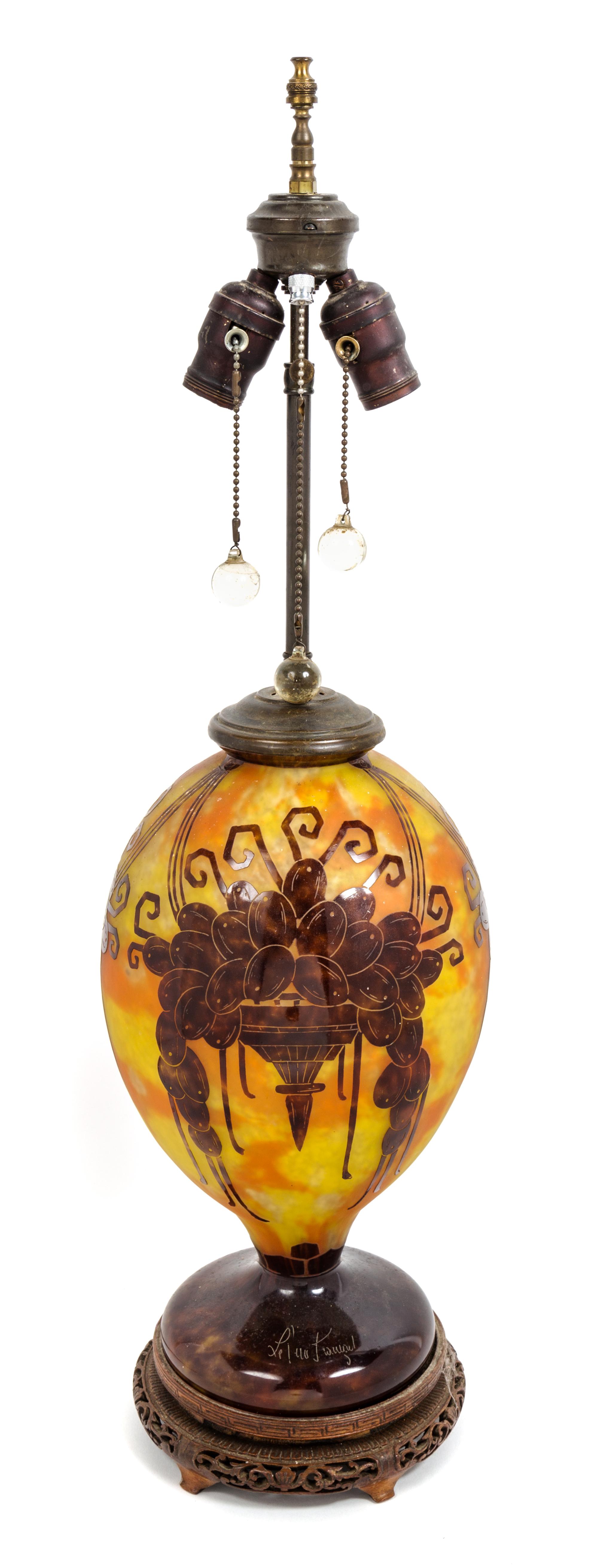 Schneider Glassworks, FRANCE, 1918-1932, a Le Verre Francais cameo glass vase, of baluster form, mounted as a lamp on a carved wood bas