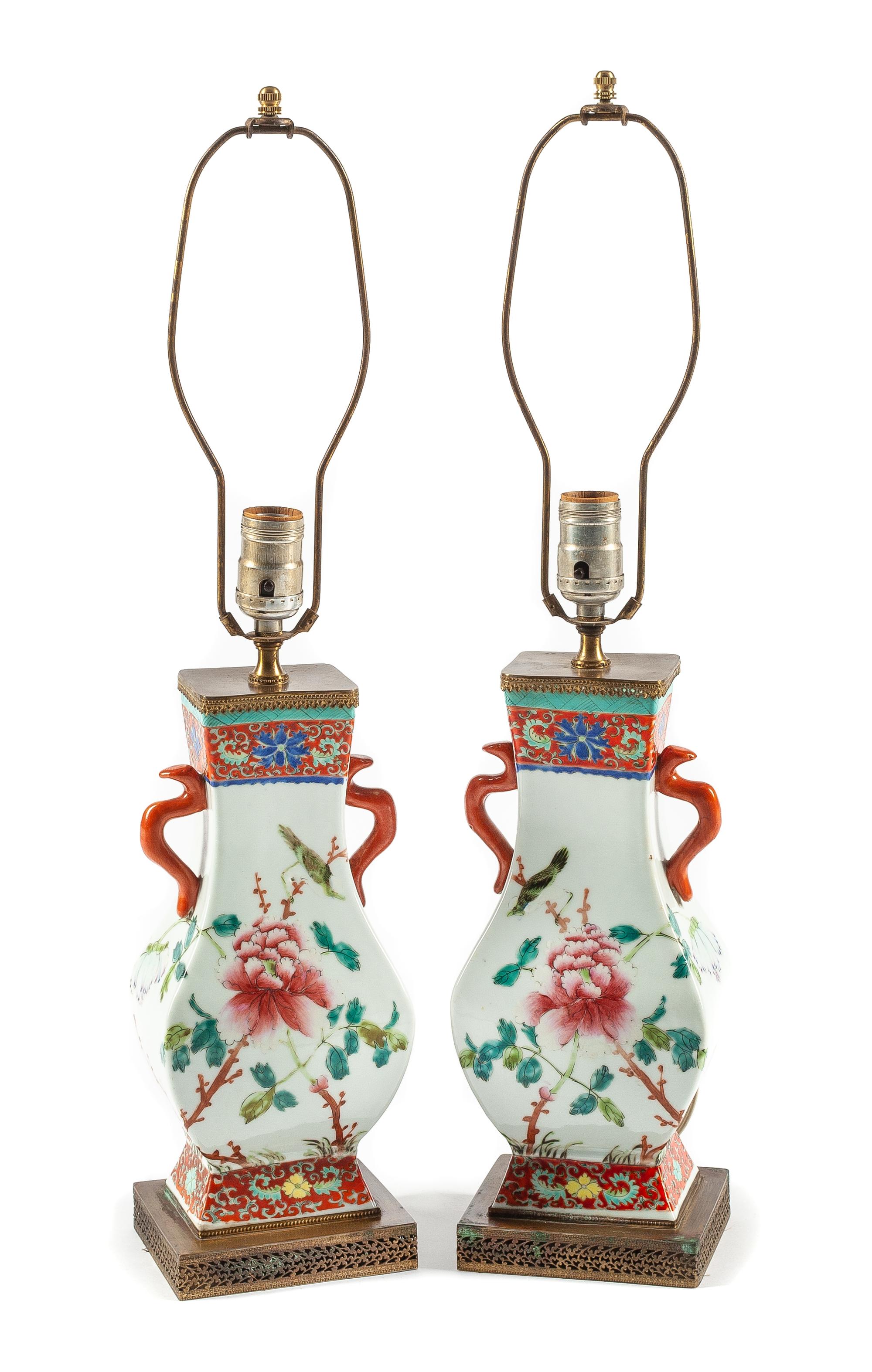 A Pair of Gilt Metal Mounted Chinese Porcelain Vases Height of porcelain 11 1/2 inches.