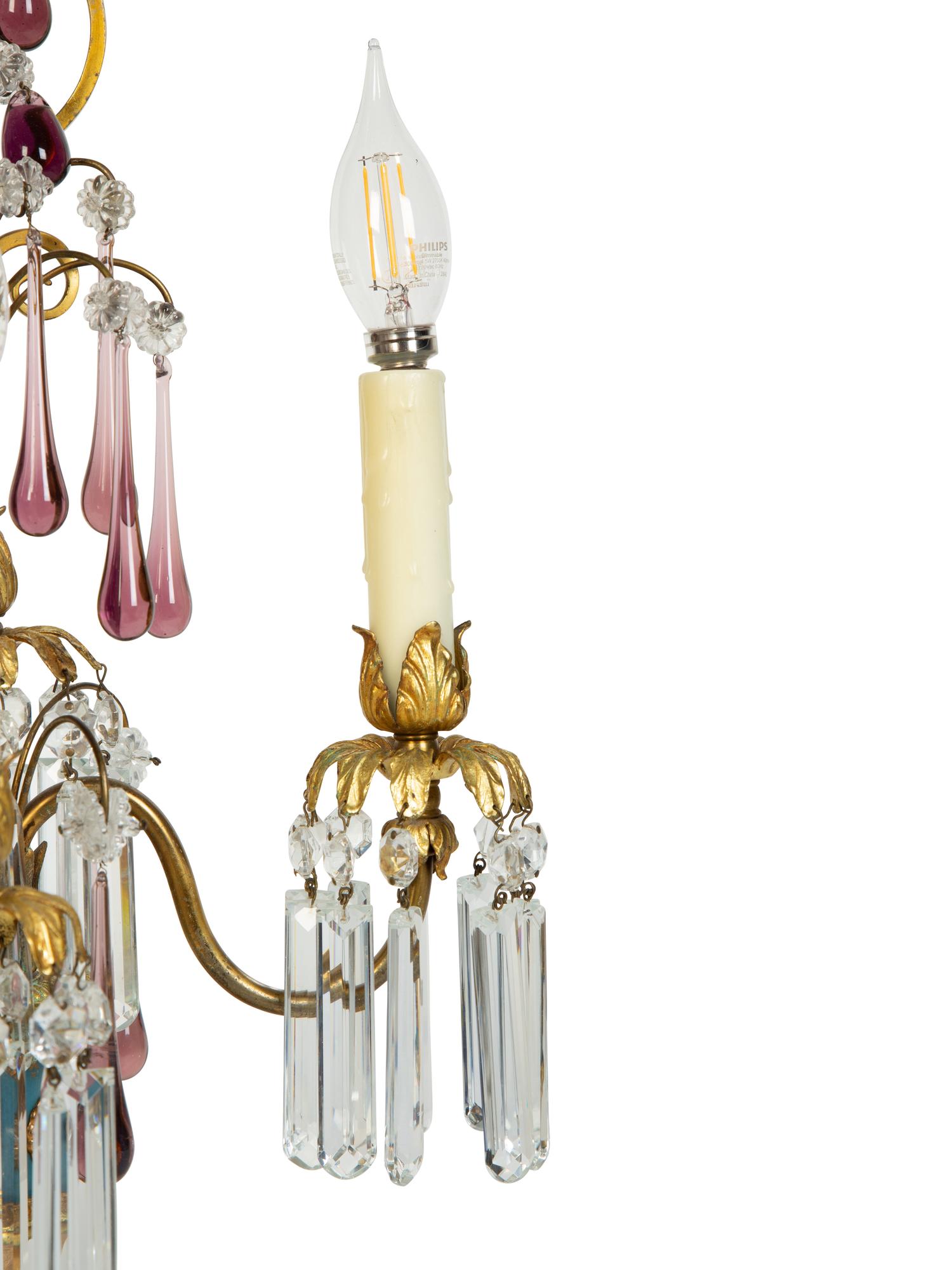 A Pair of Italian Gilt Bronze and Glass Three-Light Candelabra