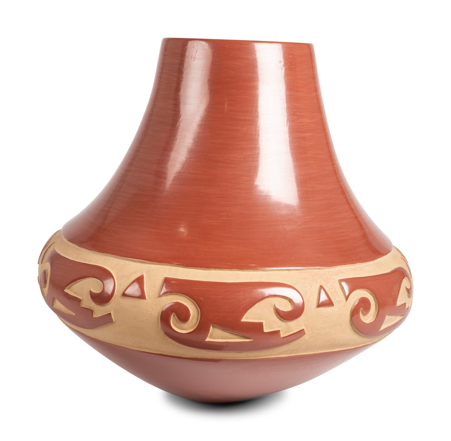 Carved Redware Pottery Jar, with Sikyatki-style Birds