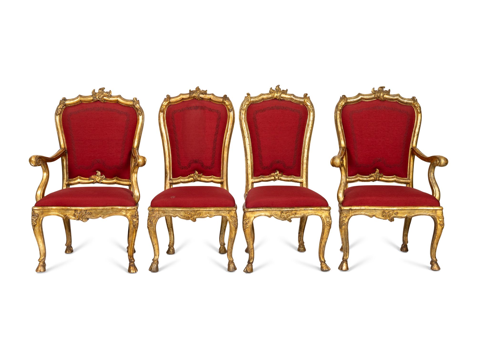 A Set of Six Venetian Rococo Carved Giltwood Dining Chairs