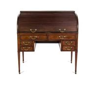 A George III Mahogany Roll Top Desk, Height 43 3/8 x width 42 1/8 x depth 28 inches. — EARLY 19TH CENTURY,