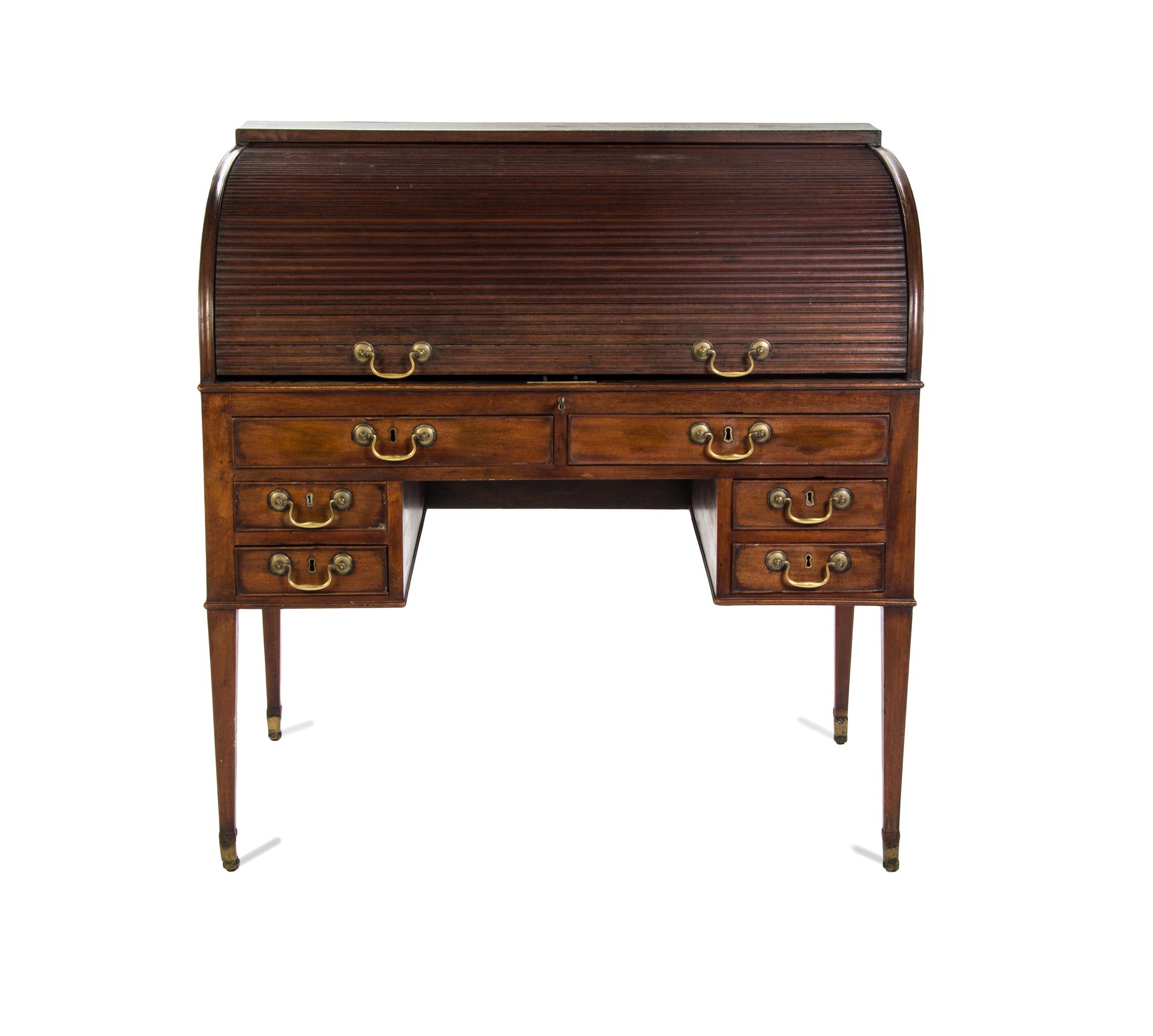 A George III Mahogany Roll Top Desk, Height 43 3/8 x width 42 1/8 x depth 28 inches. — EARLY 19TH CENTURY,