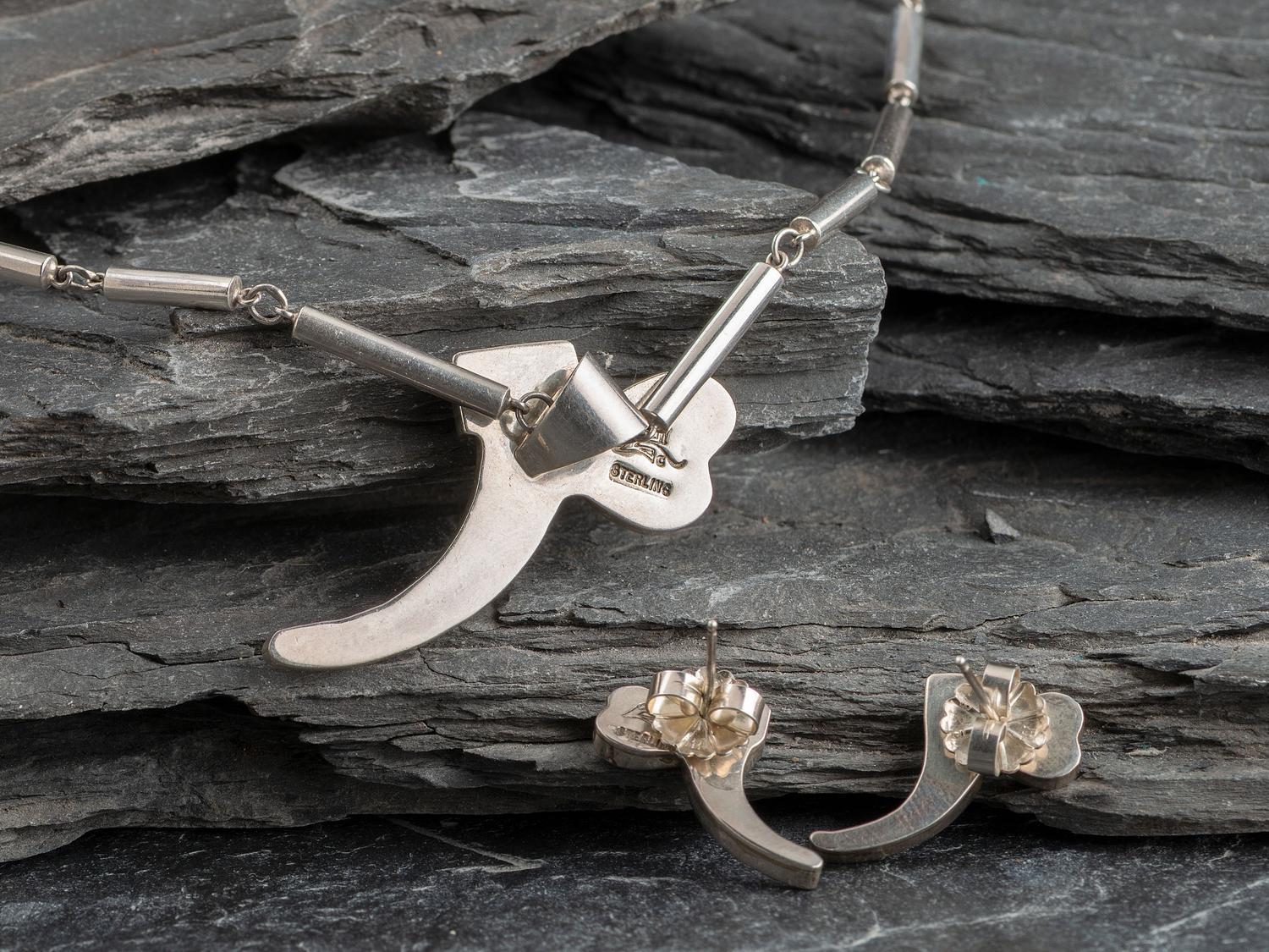 Sterling Silver Micro Mosaic Inlay Dragonfly Necklace and Post Earring Set