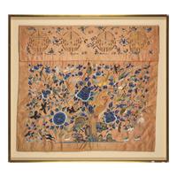 A Chinese Light Apricot Ground Embroidered Silk Table Frontal, Late Qing Dynasty — 清晚期 杏子地綉鳳穿牡丹桌圍鏡框