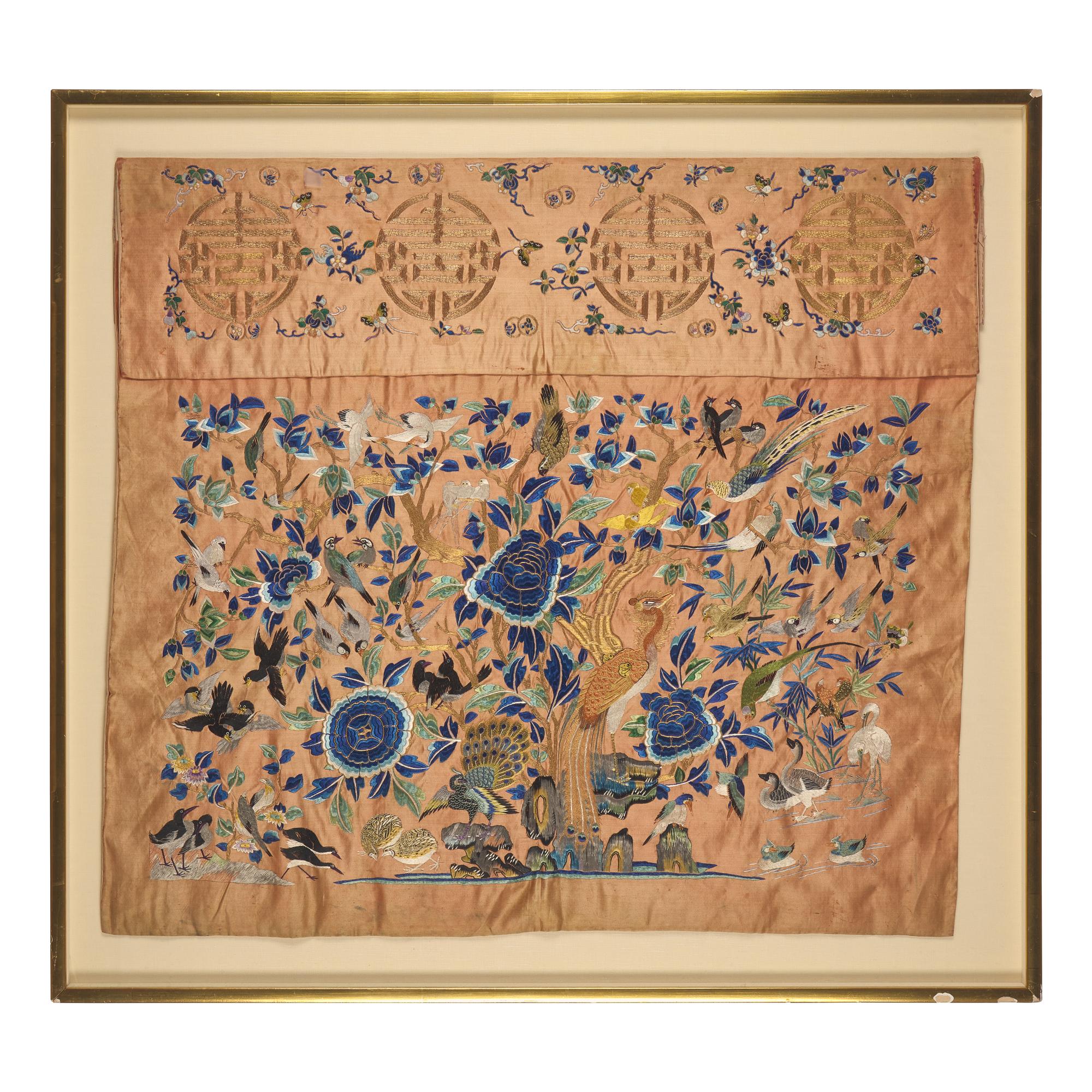 A Chinese Light Apricot Ground Embroidered Silk Table Frontal, Late Qing Dynasty — 清晚期 杏子地綉鳳穿牡丹桌圍鏡框