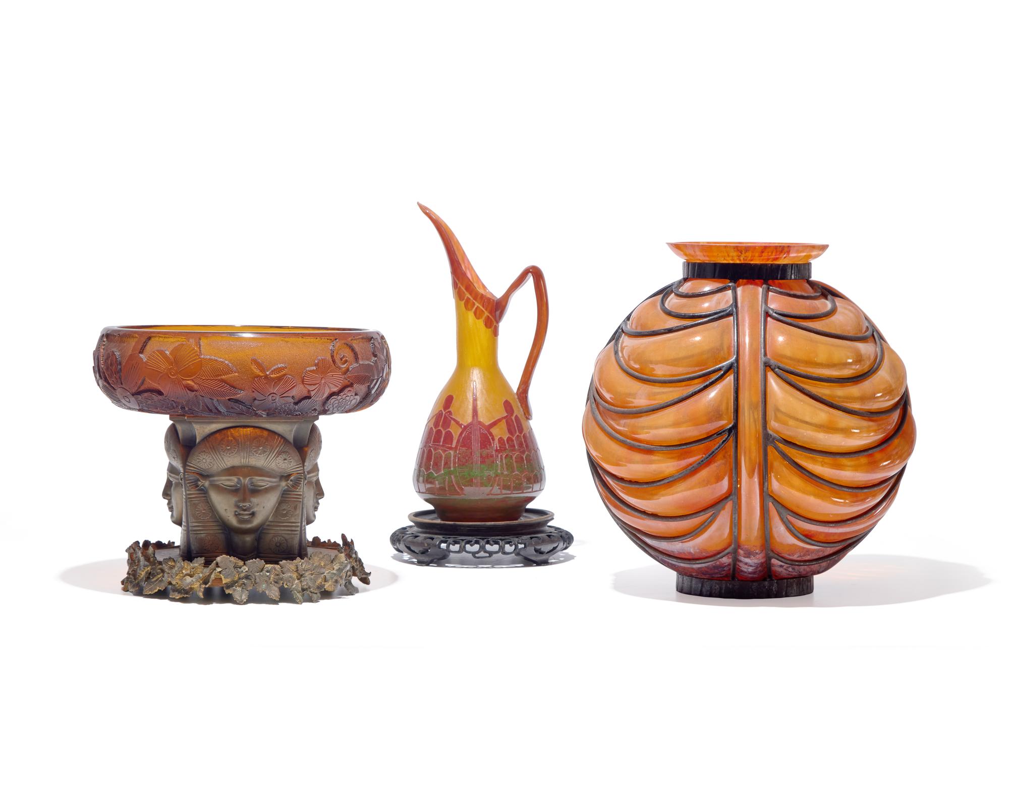 A group of three French Art Deco art glass tablewares, La Verre Francais, Charles and Ernest Schneider, and other, France, circa 1920-1930