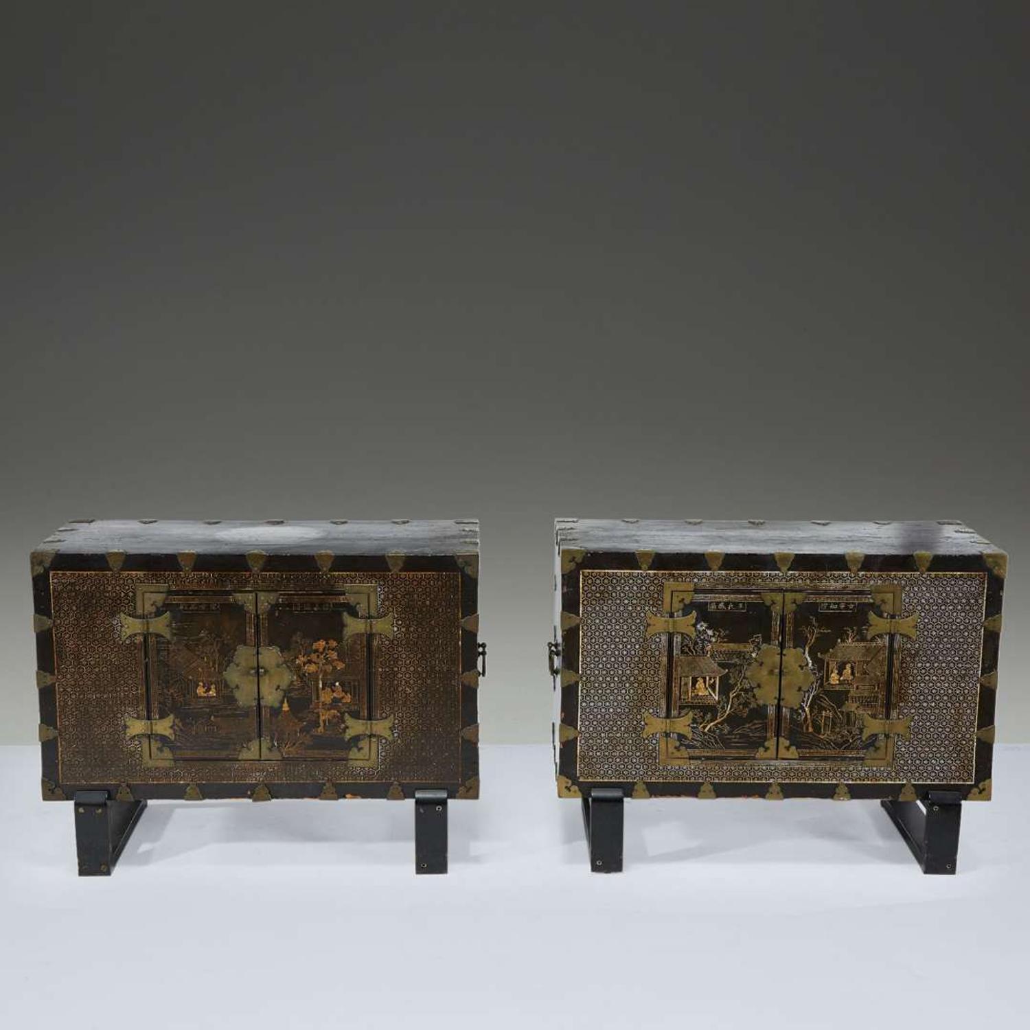 A pair of Korean mother of pearl-inlaid lacquered wood chests 19th Century